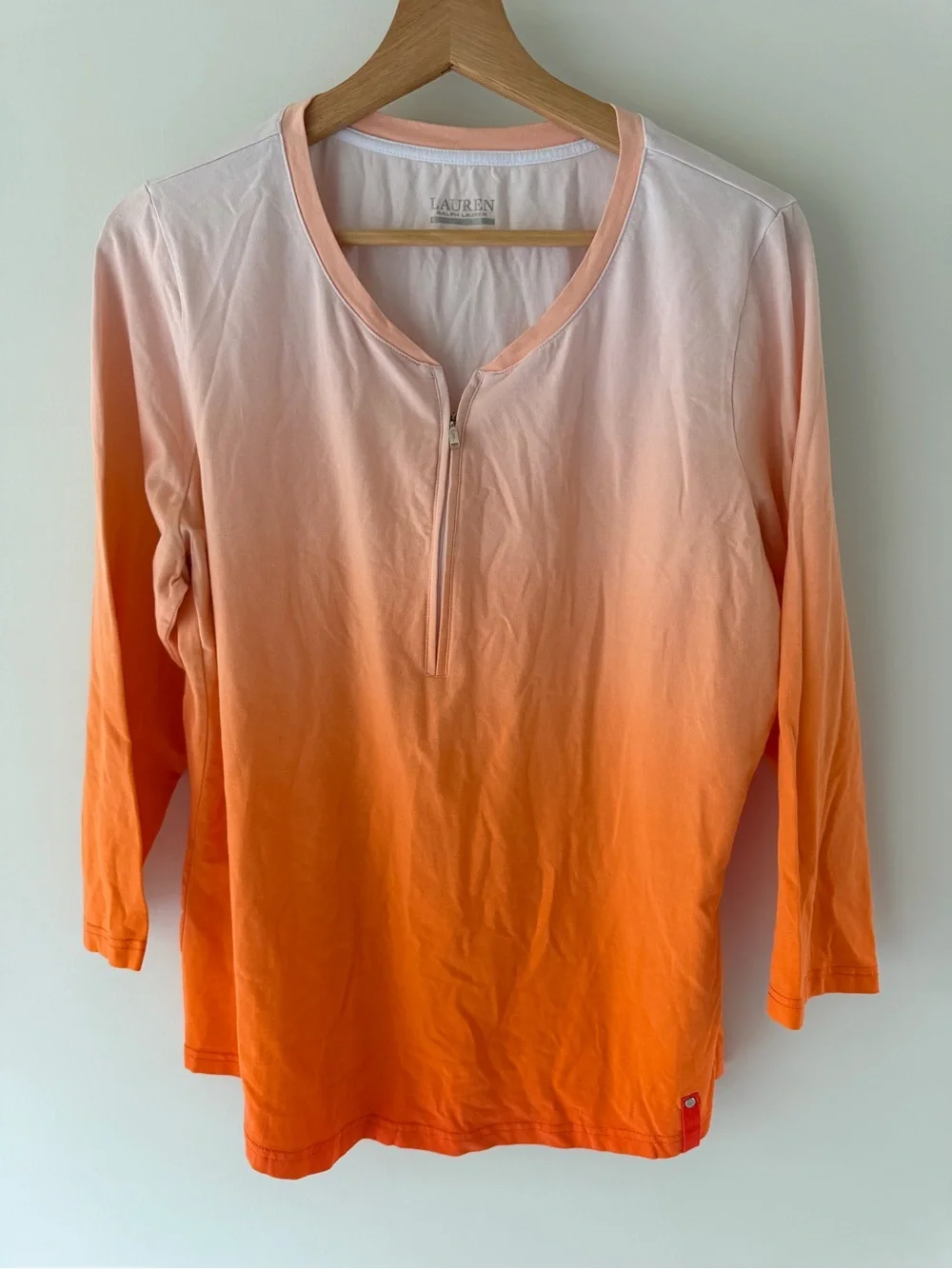 Ralph Lauren Ombre Peach Orange Zip Neck Top Women’s XL 3/4 Sleeve